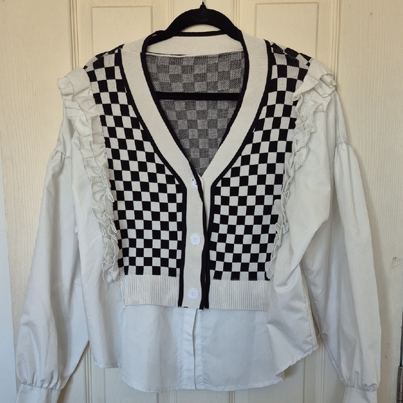 Black and White Checkered Cardigan Blouse with Ruffle Sleeves - Picture 1 of 3